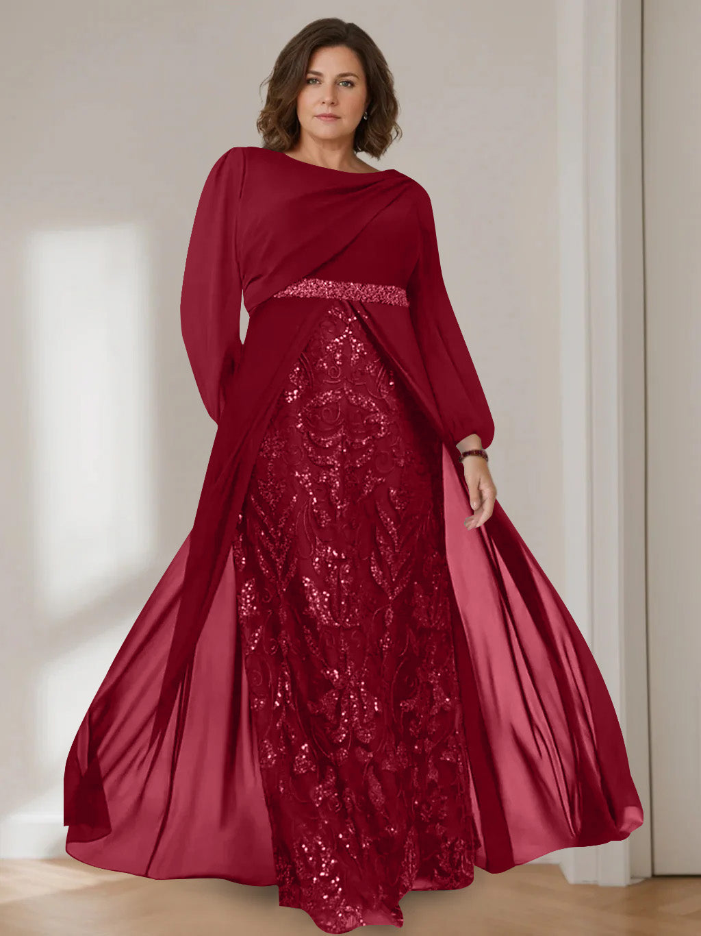 Ligne A/Princesse Scoop Manches Longues La Longueur du Sol Plus Taille Robes Mère de La Mariée avec Paillettes