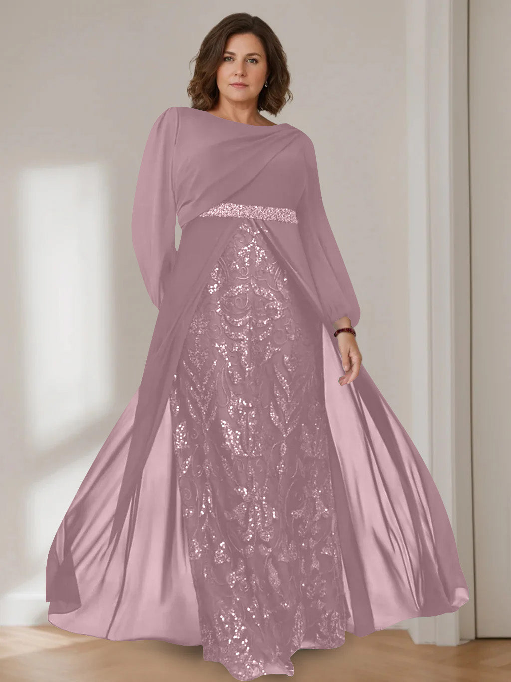 Ligne A/Princesse Scoop Manches Longues La Longueur du Sol Plus Taille Robes Mère de La Mariée avec Paillettes
