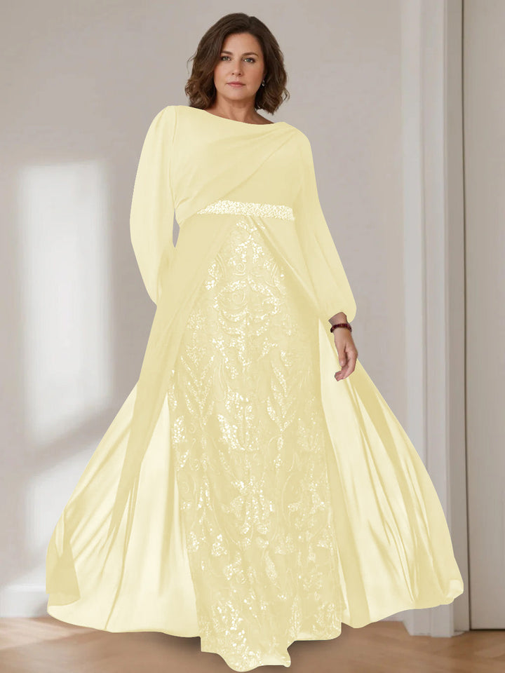 Ligne A/Princesse Scoop Manches Longues La Longueur du Sol Plus Taille Robes Mère de La Mariée avec Paillettes