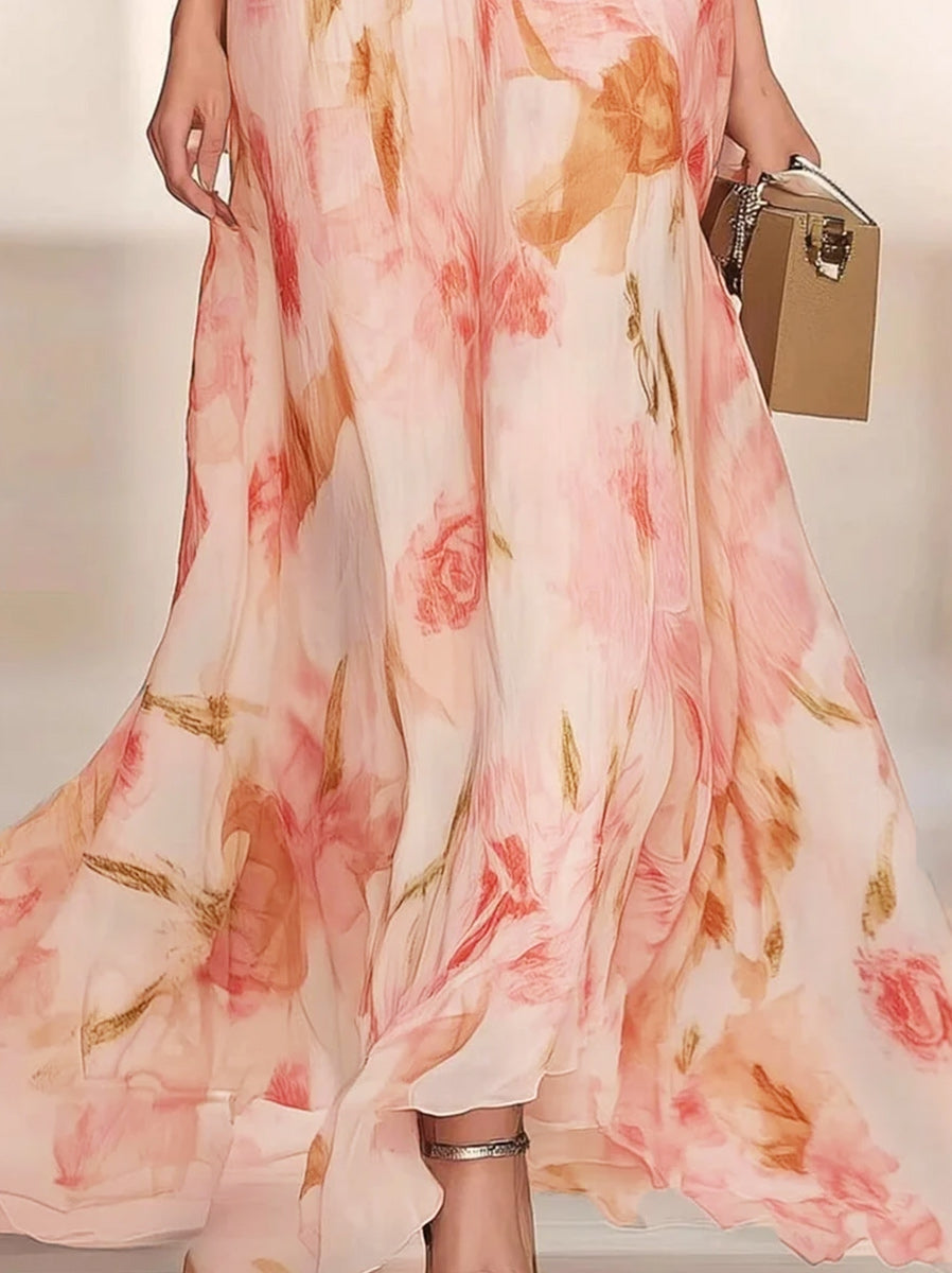 Robe mère de la mariée ligne A, col V, manches courtes, imprimé floral, avec volants