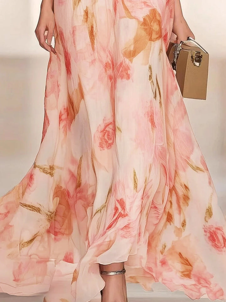 Robe mère de la mariée ligne A, col V, manches courtes, imprimé floral, avec volants