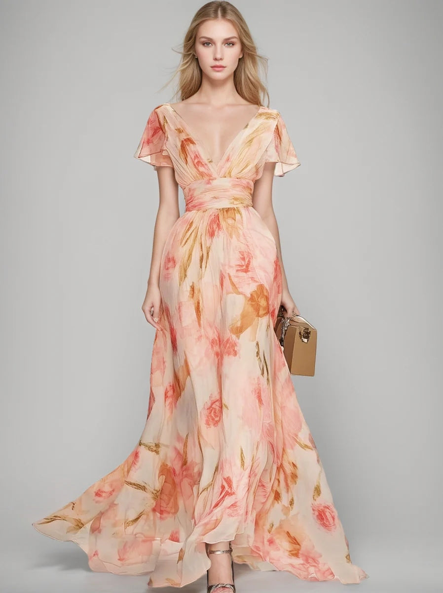 Robe mère de la mariée ligne A, col V, manches courtes, imprimé floral, avec volants