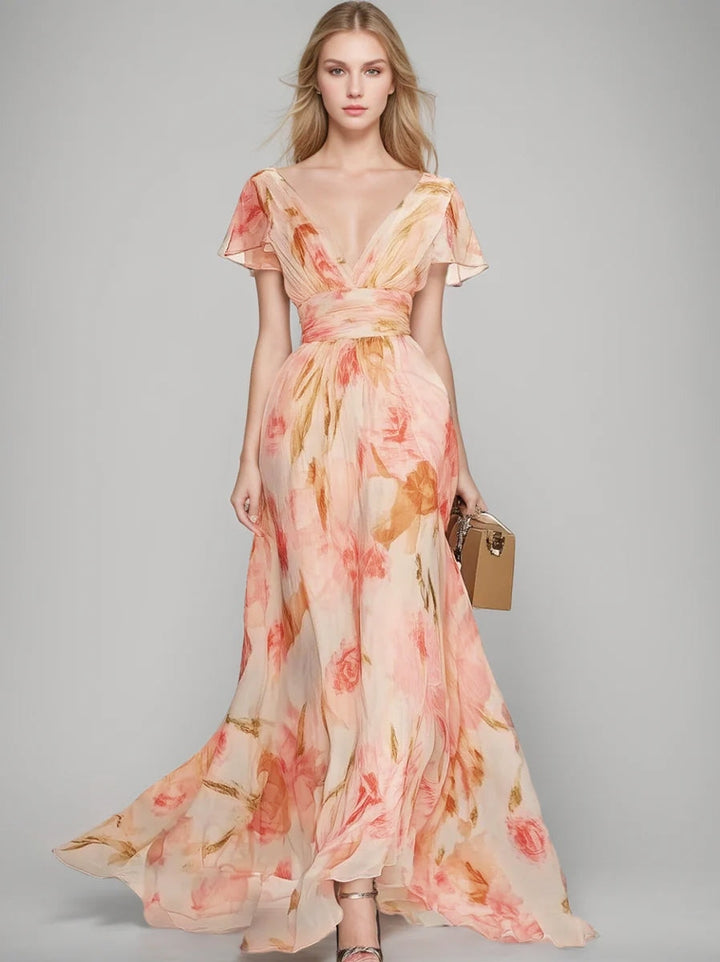 Robe mère de la mariée ligne A, col V, manches courtes, imprimé floral, avec volants