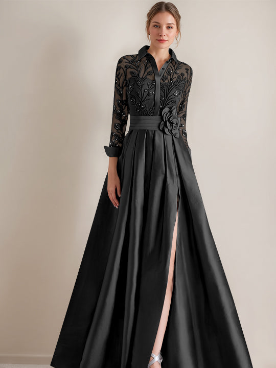 Robe mère de la mariée ligne A, col chemisier, manches longues, longueur sol, appliques et ceinture florale