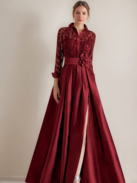 Robe mère de la mariée ligne A, col chemisier, manches longues, longueur sol, appliques et ceinture florale