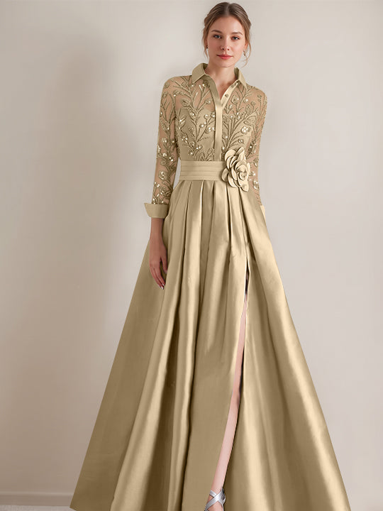 Robe mère de la mariée ligne A, col chemisier, manches longues, longueur sol, appliques et ceinture florale