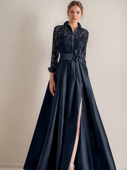 Robe mère de la mariée ligne A, col chemisier, manches longues, longueur sol, appliques et ceinture florale
