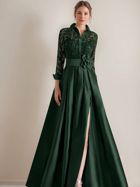 Robe mère de la mariée ligne A, col chemisier, manches longues, longueur sol, appliques et ceinture florale