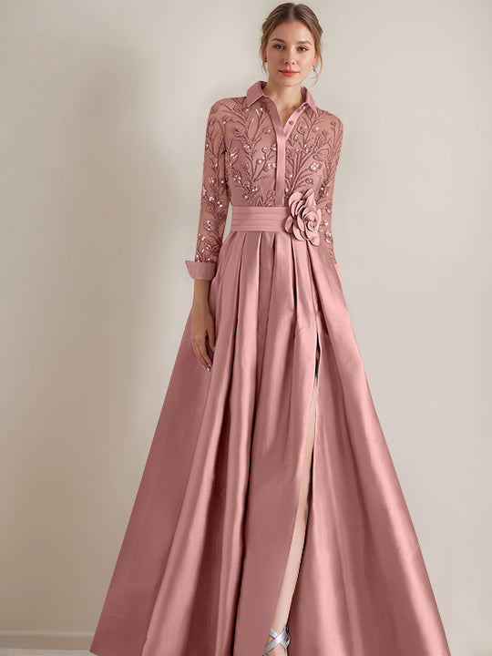 Robe mère de la mariée ligne A, col chemisier, manches longues, longueur sol, appliques et ceinture florale