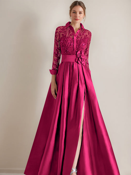 Robe mère de la mariée ligne A, col chemisier, manches longues, longueur sol, appliques et ceinture florale