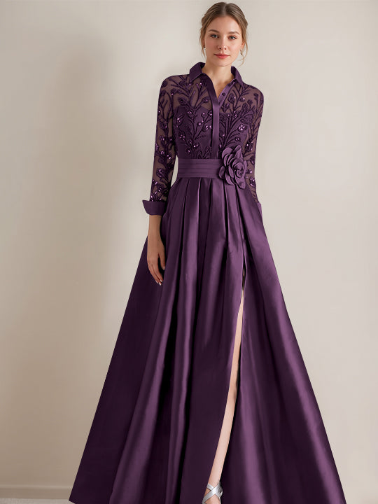 Robe mère de la mariée ligne A, col chemisier, manches longues, longueur sol, appliques et ceinture florale