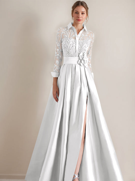 Robe mère de la mariée ligne A, col chemisier, manches longues, longueur sol, appliques et ceinture florale