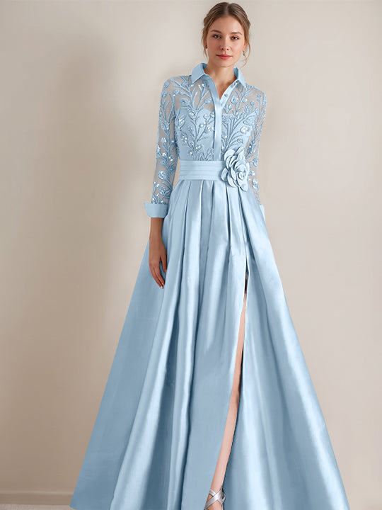 Robe mère de la mariée ligne A, col chemisier, manches longues, longueur sol, appliques et ceinture florale