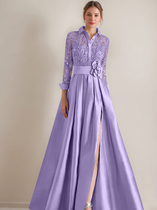 Robe mère de la mariée ligne A, col chemisier, manches longues, longueur sol, appliques et ceinture florale