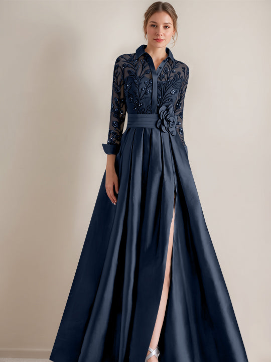Robe mère de la mariée ligne A, col chemisier, manches longues, longueur sol, appliques et ceinture florale