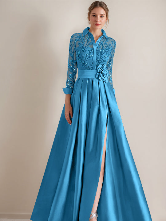Robe mère de la mariée ligne A, col chemisier, manches longues, longueur sol, appliques et ceinture florale