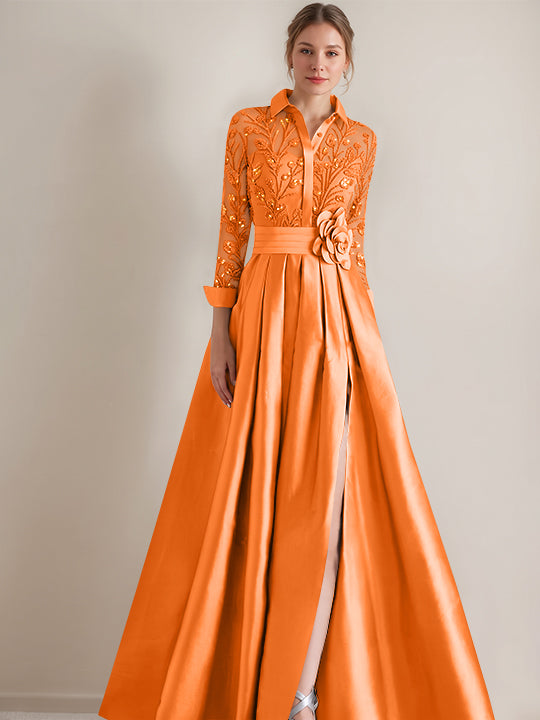Robe mère de la mariée ligne A, col chemisier, manches longues, longueur sol, appliques et ceinture florale