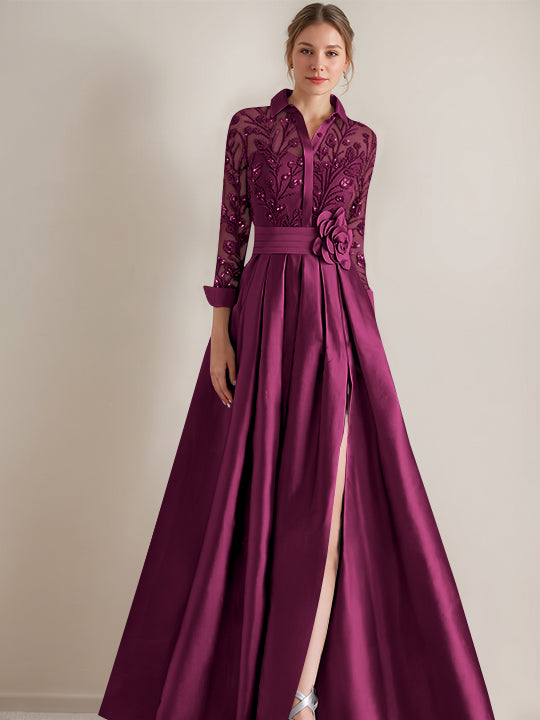 Robe mère de la mariée ligne A, col chemisier, manches longues, longueur sol, appliques et ceinture florale