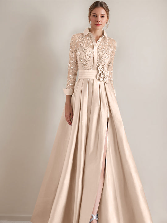 Robe mère de la mariée ligne A, col chemisier, manches longues, longueur sol, appliques et ceinture florale