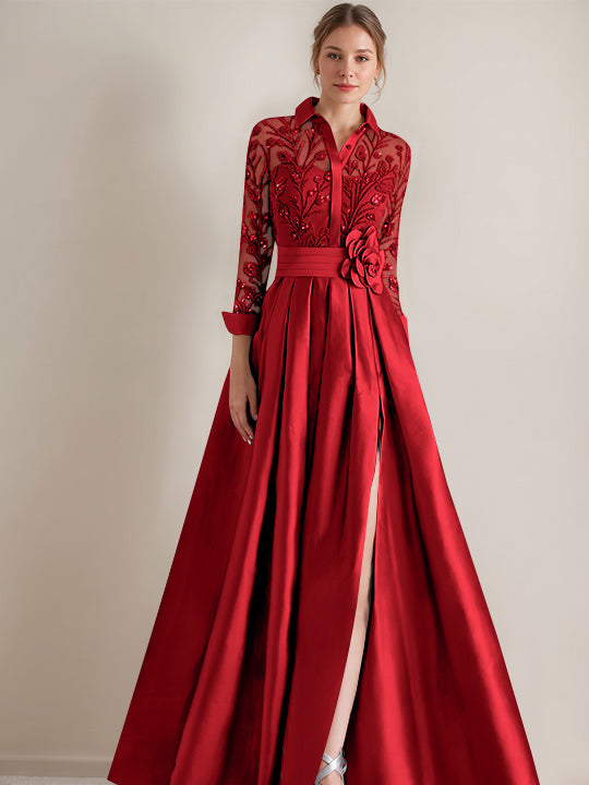Robe mère de la mariée ligne A, col chemisier, manches longues, longueur sol, appliques et ceinture florale