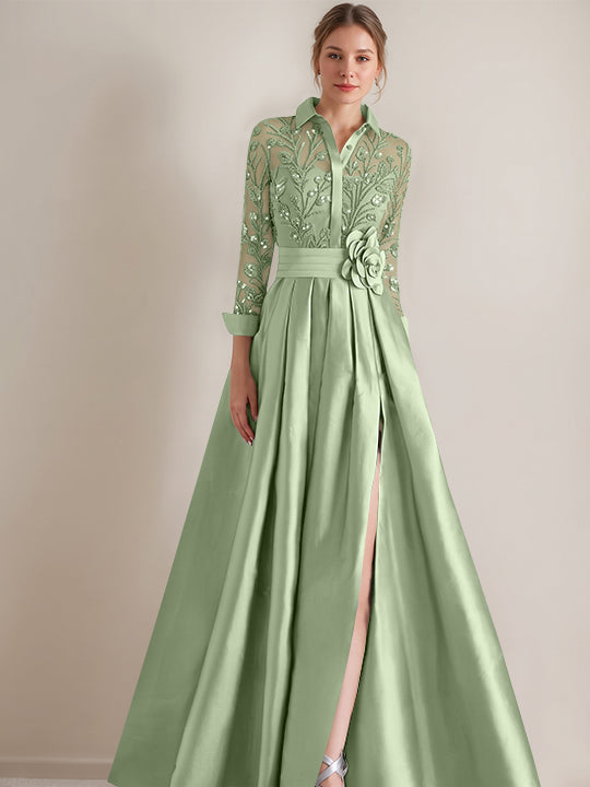 Robe mère de la mariée ligne A, col chemisier, manches longues, longueur sol, appliques et ceinture florale