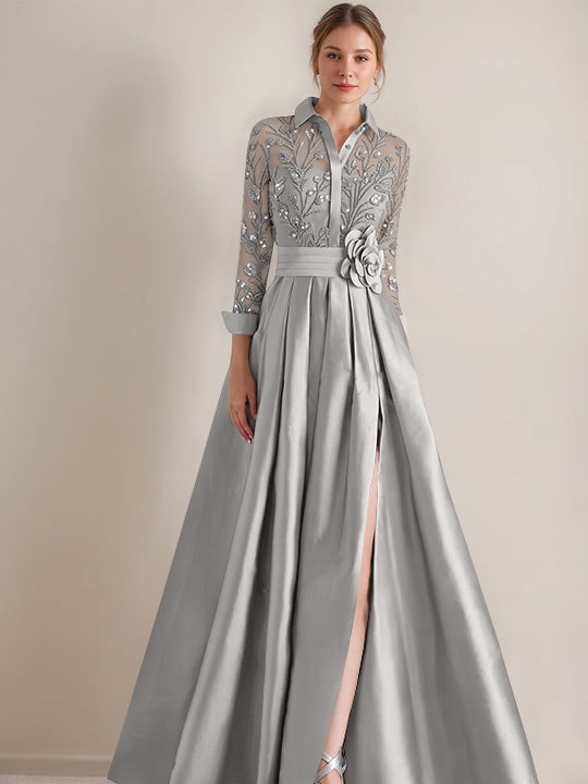 Robe mère de la mariée ligne A, col chemisier, manches longues, longueur sol, appliques et ceinture florale