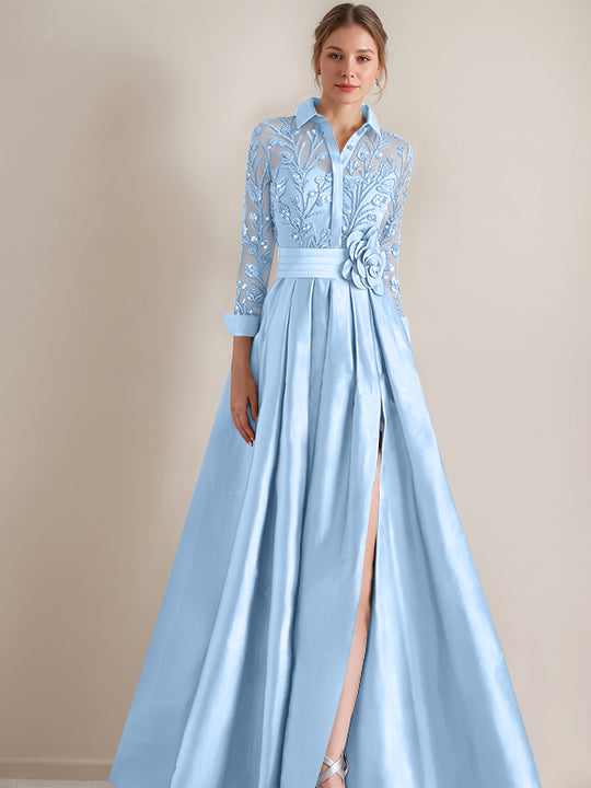 Robe mère de la mariée ligne A, col chemisier, manches longues, longueur sol, appliques et ceinture florale
