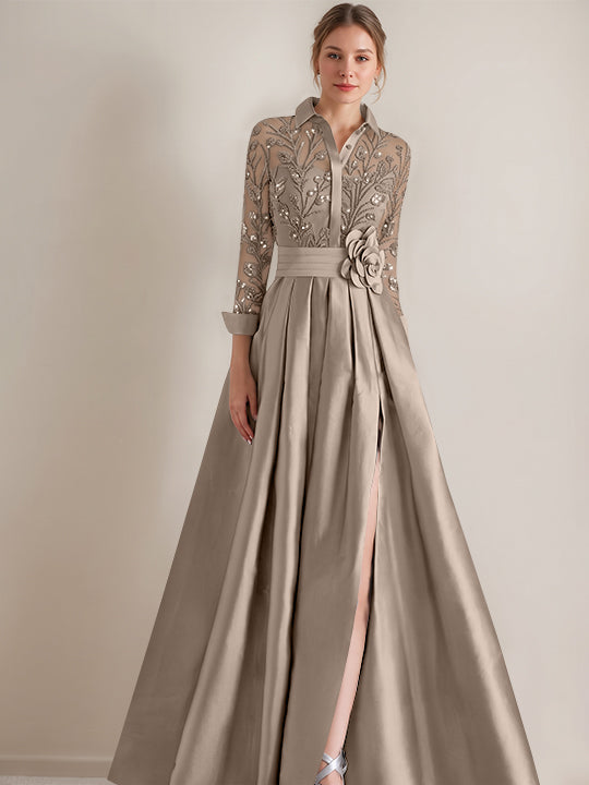 Robe mère de la mariée ligne A, col chemisier, manches longues, longueur sol, appliques et ceinture florale