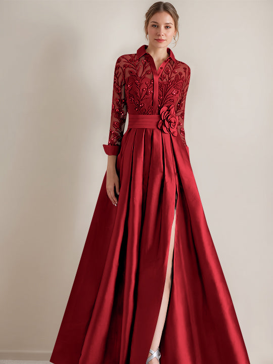 Robe mère de la mariée ligne A, col chemisier, manches longues, longueur sol, appliques et ceinture florale