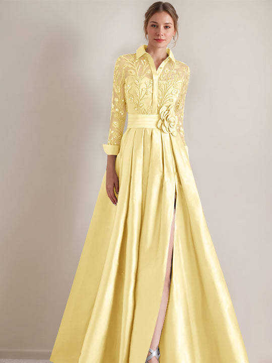 Robe mère de la mariée ligne A, col chemisier, manches longues, longueur sol, appliques et ceinture florale