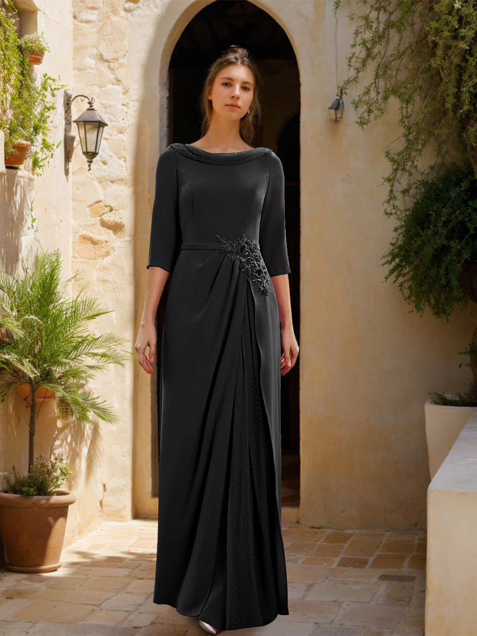 Gaine/Colonne Col bénitier 3/4 Manches La Longueur du Sol Robes Mère de La Mariée avec Tulle & Ceinture & Slit & Bijou Appliques