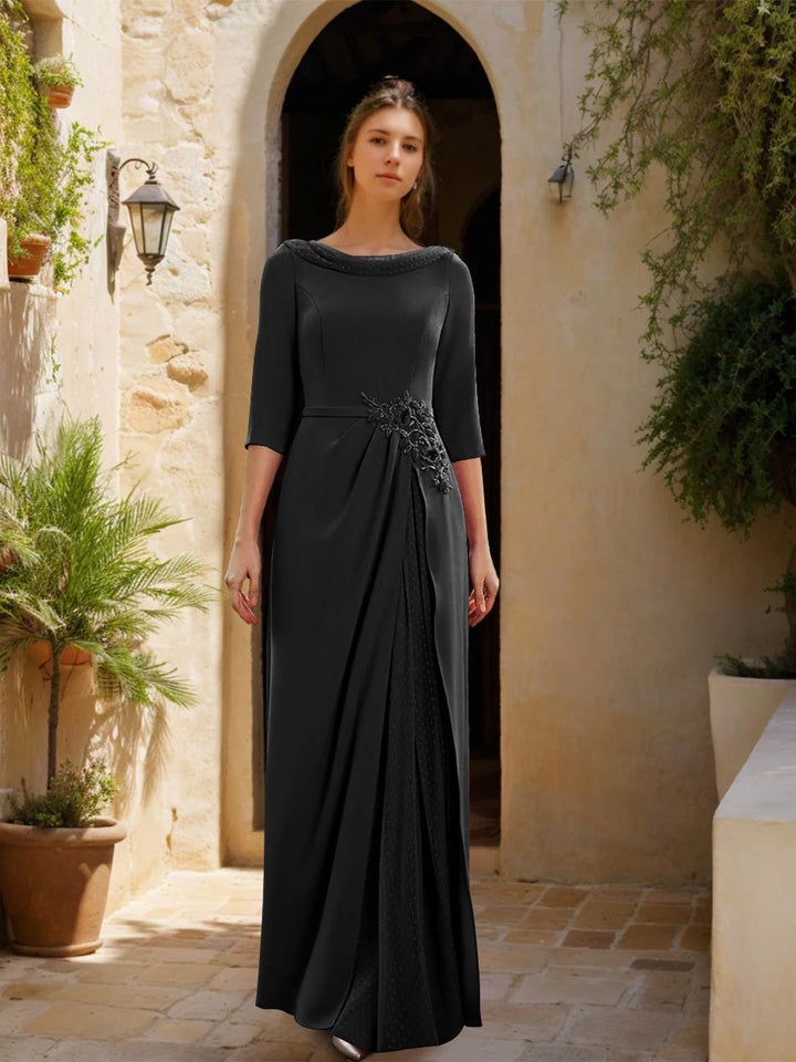 Gaine/Colonne Col bénitier 3/4 Manches La Longueur du Sol Robes Mère de La Mariée avec Tulle & Ceinture & Slit & Bijou Appliques