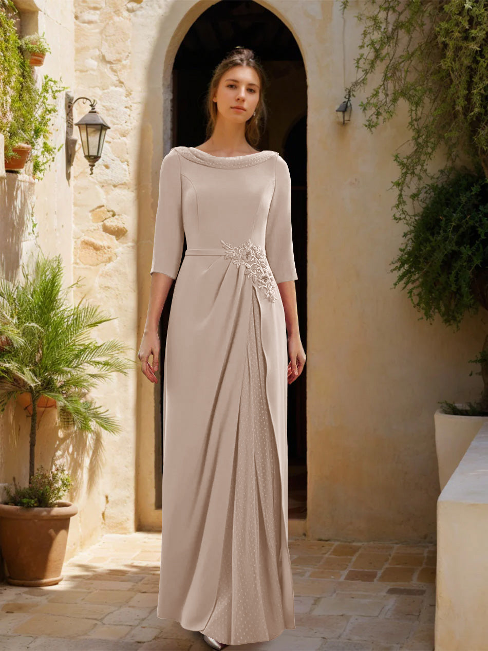 Gaine/Colonne Col bénitier 3/4 Manches La Longueur du Sol Robes Mère de La Mariée avec Tulle & Ceinture & Slit & Bijou Appliques