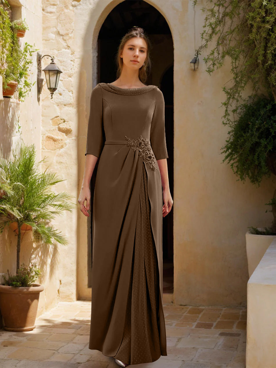 Gaine/Colonne Col bénitier 3/4 Manches La Longueur du Sol Robes Mère de La Mariée avec Tulle & Ceinture & Slit & Bijou Appliques