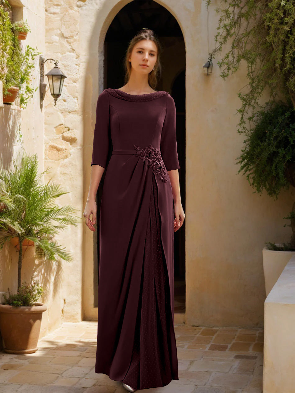 Gaine/Colonne Col bénitier 3/4 Manches La Longueur du Sol Robes Mère de La Mariée avec Tulle & Ceinture & Slit & Bijou Appliques