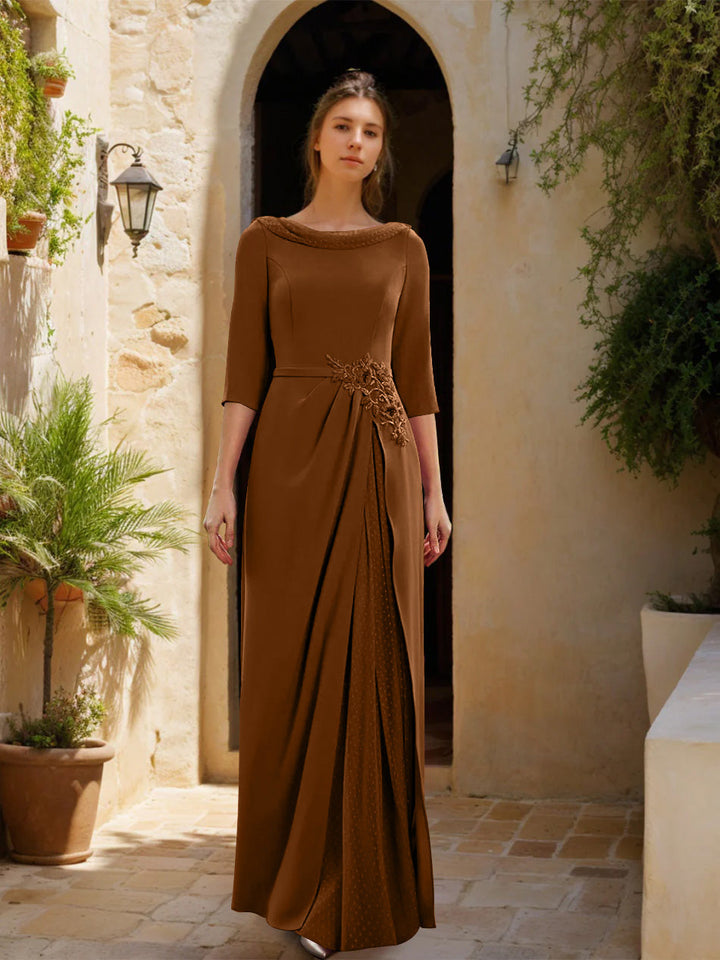 Gaine/Colonne Col bénitier 3/4 Manches La Longueur du Sol Robes Mère de La Mariée avec Tulle & Ceinture & Slit & Bijou Appliques
