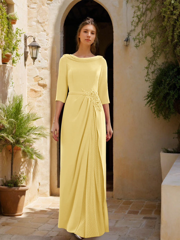 Gaine/Colonne Col bénitier 3/4 Manches La Longueur du Sol Robes Mère de La Mariée avec Tulle & Ceinture & Slit & Bijou Appliques