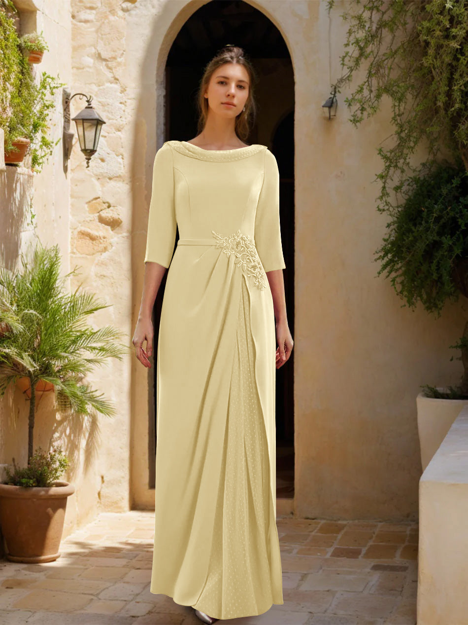 Gaine/Colonne Col bénitier 3/4 Manches La Longueur du Sol Robes Mère de La Mariée avec Tulle & Ceinture & Slit & Bijou Appliques