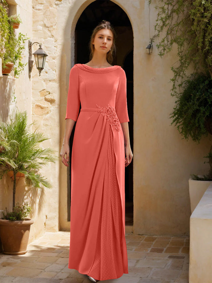 Gaine/Colonne Col bénitier 3/4 Manches La Longueur du Sol Robes Mère de La Mariée avec Tulle & Ceinture & Slit & Bijou Appliques