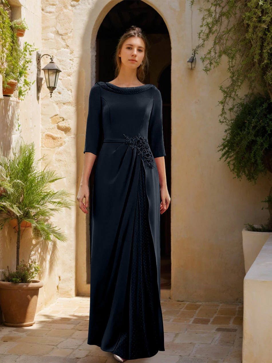 Gaine/Colonne Col bénitier 3/4 Manches La Longueur du Sol Robes Mère de La Mariée avec Tulle & Ceinture & Slit & Bijou Appliques