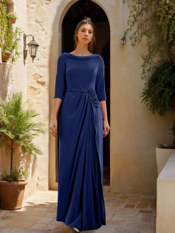 Gaine/Colonne Col bénitier 3/4 Manches La Longueur du Sol Robes Mère de La Mariée avec Tulle & Ceinture & Slit & Bijou Appliques