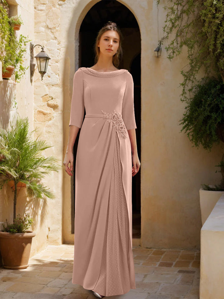 Gaine/Colonne Col bénitier 3/4 Manches La Longueur du Sol Robes Mère de La Mariée avec Tulle & Ceinture & Slit & Bijou Appliques