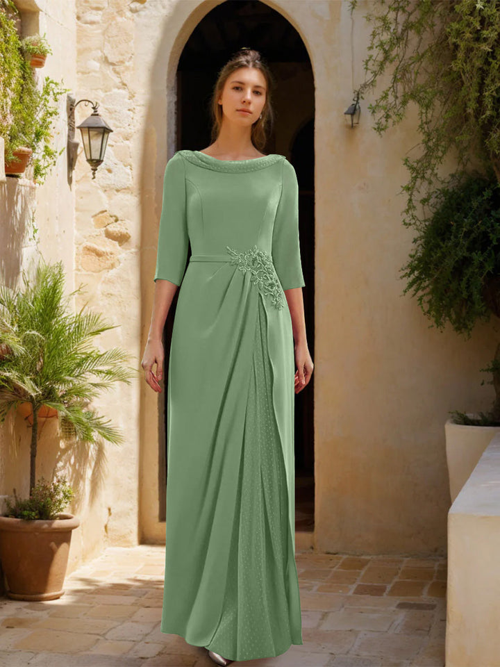 Gaine/Colonne Col bénitier 3/4 Manches La Longueur du Sol Robes Mère de La Mariée avec Tulle & Ceinture & Slit & Bijou Appliques