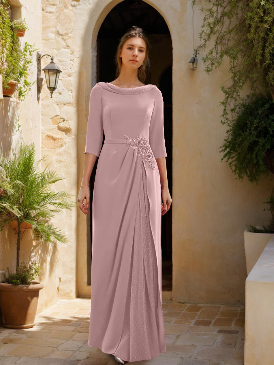 Gaine/Colonne Col bénitier 3/4 Manches La Longueur du Sol Robes Mère de La Mariée avec Tulle & Ceinture & Slit & Bijou Appliques