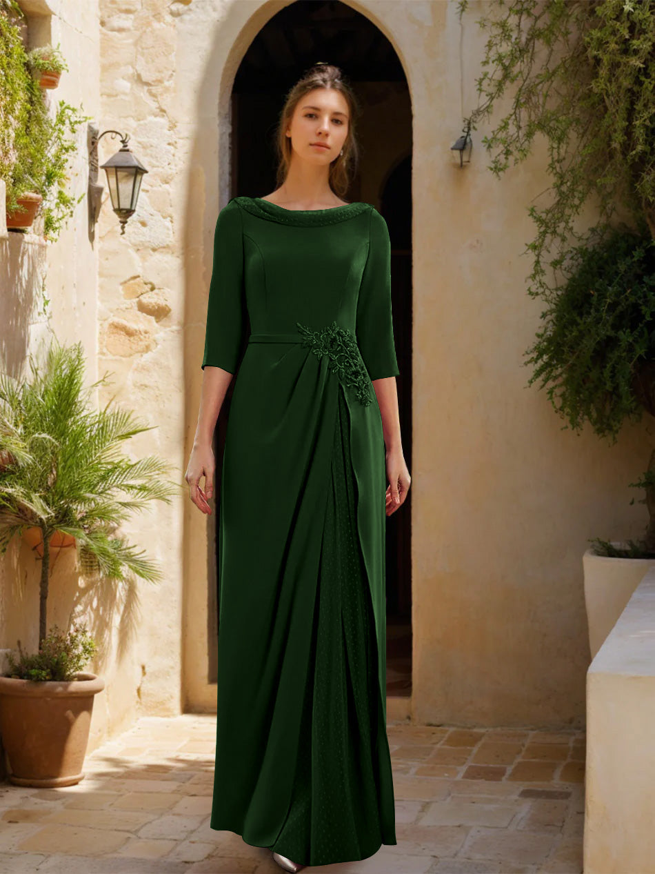 Gaine/Colonne Col bénitier 3/4 Manches La Longueur du Sol Robes Mère de La Mariée avec Tulle & Ceinture & Slit & Bijou Appliques