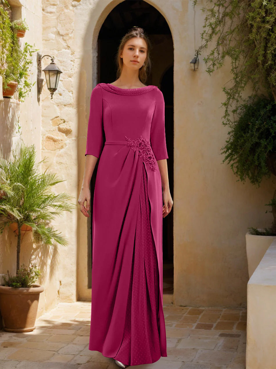 Gaine/Colonne Col bénitier 3/4 Manches La Longueur du Sol Robes Mère de La Mariée avec Tulle & Ceinture & Slit & Bijou Appliques