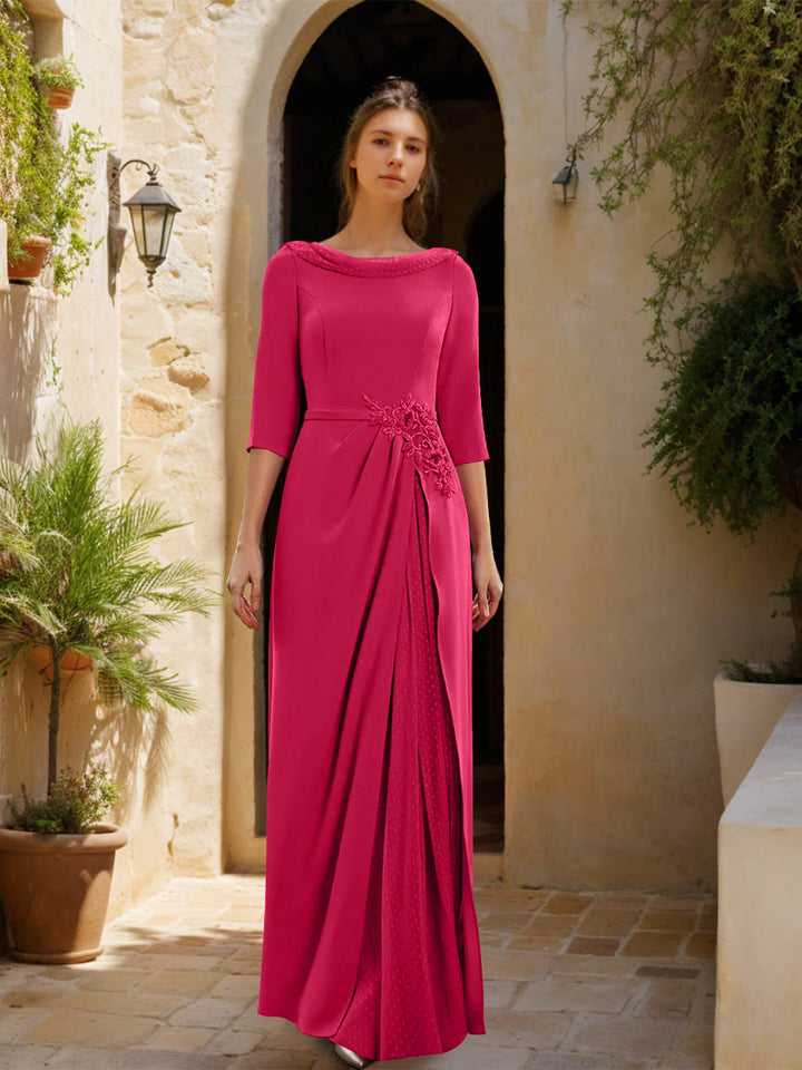 Gaine/Colonne Col bénitier 3/4 Manches La Longueur du Sol Robes Mère de La Mariée avec Tulle & Ceinture & Slit & Bijou Appliques