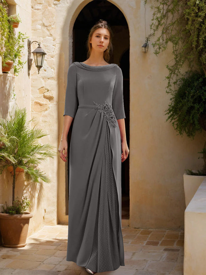 Gaine/Colonne Col bénitier 3/4 Manches La Longueur du Sol Robes Mère de La Mariée avec Tulle & Ceinture & Slit & Bijou Appliques
