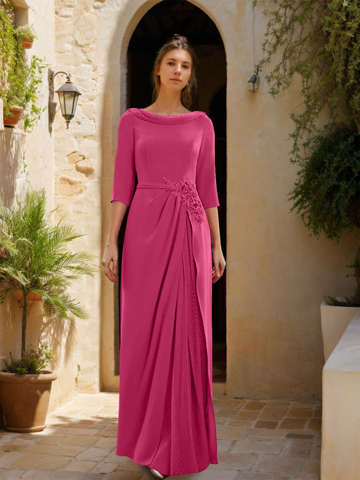 Gaine/Colonne Col bénitier 3/4 Manches La Longueur du Sol Robes Mère de La Mariée avec Tulle & Ceinture & Slit & Bijou Appliques