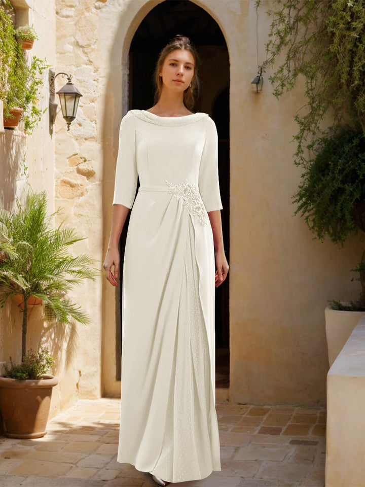 Gaine/Colonne Col bénitier 3/4 Manches La Longueur du Sol Robes Mère de La Mariée avec Tulle & Ceinture & Slit & Bijou Appliques